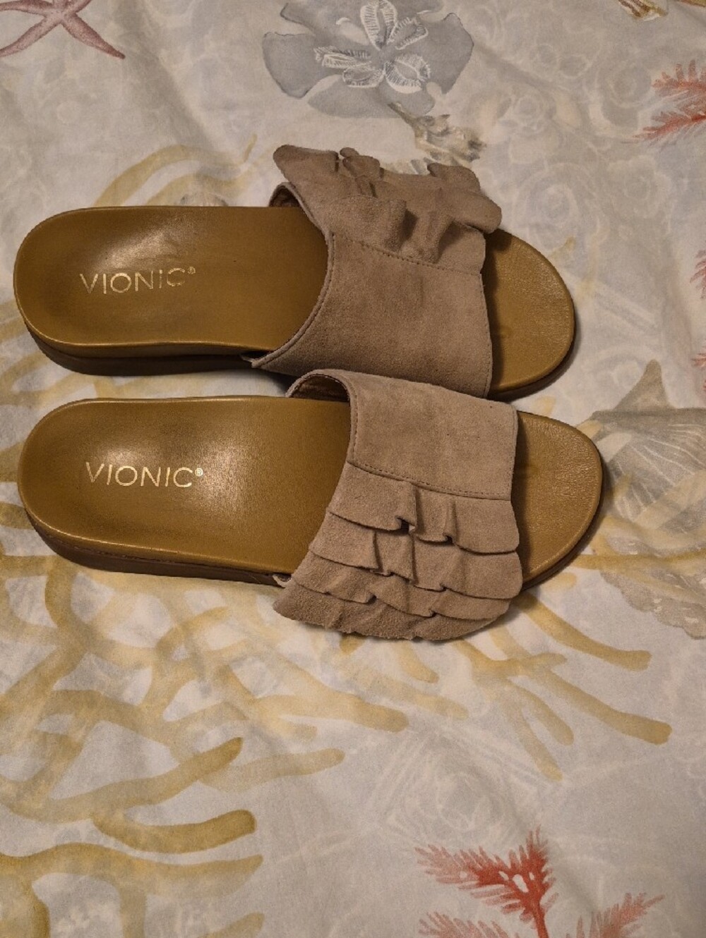 Vionic Beige/Taupe Suede Ruffle Slide Sandals - Picture 2 of 4
